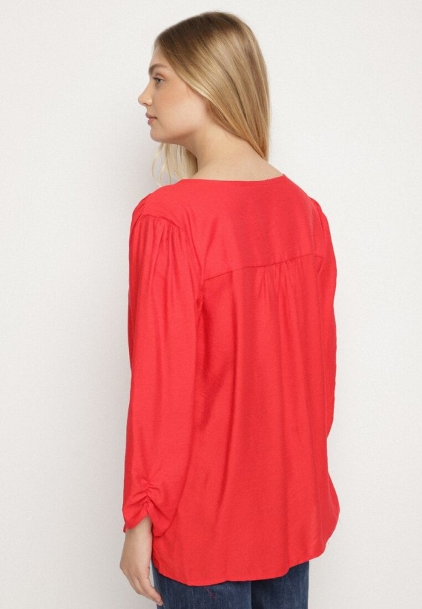 Czerwona Koszula z Wiskozy Ozdobiona Marszczonymi Rękawami i Guzikami Lanorea