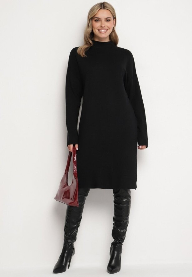 Czarna Sweterkowa Sukienka Półgolf z Bawełną i Wełną Pilara