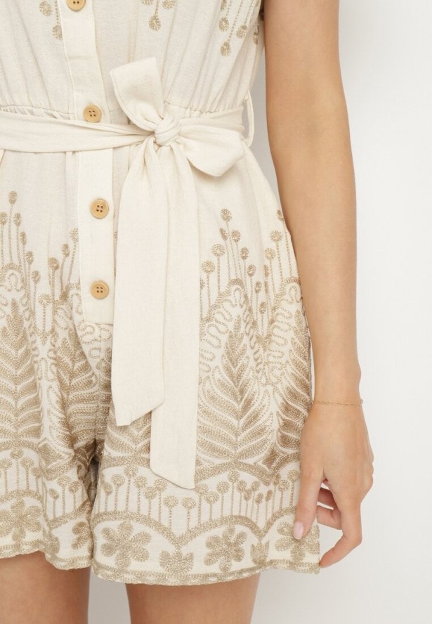 Beżowy Bawełniany Kombinezon z Haftem z Kołnierzykiem i Wiązanym Paskiem Ulisana