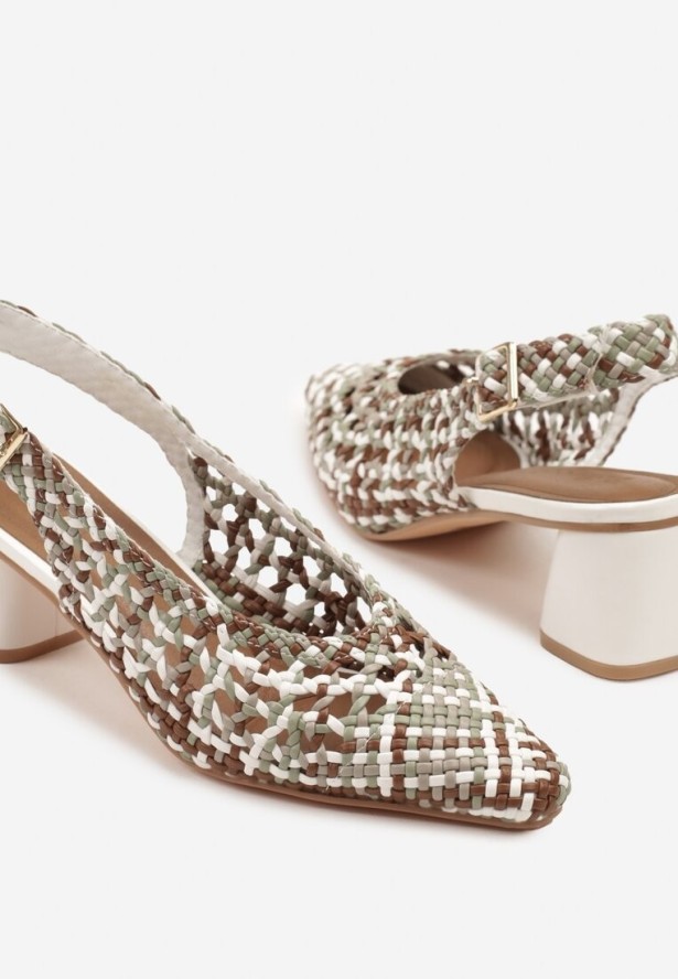 Brązowo-Białe Sandały na Obcasie Bez Pięty z Szydełkową Cholewką Linalea