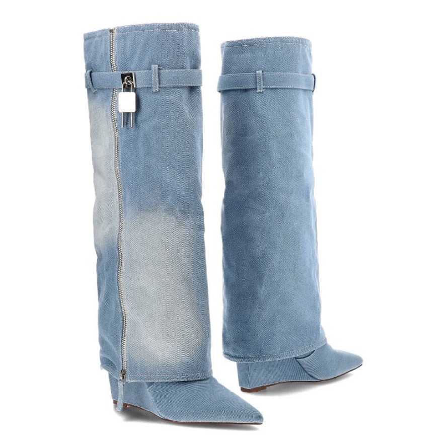 Niebieskie Kozaki Gallevani Jeansowe Obuwie Damskie