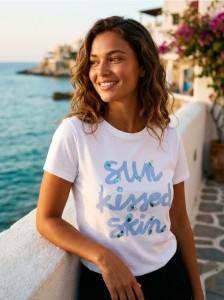 Bawełniana koszulka z napisem i cekinami - biały