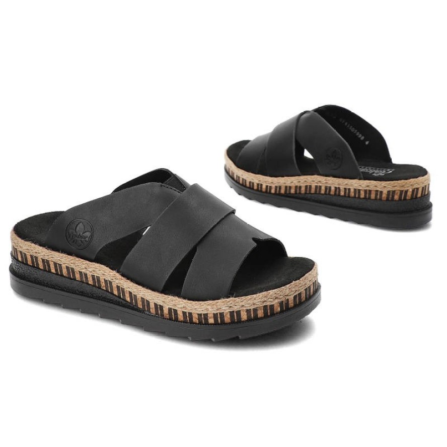 Czarne Klapki Rieker Wygodne Buty Na Platformie