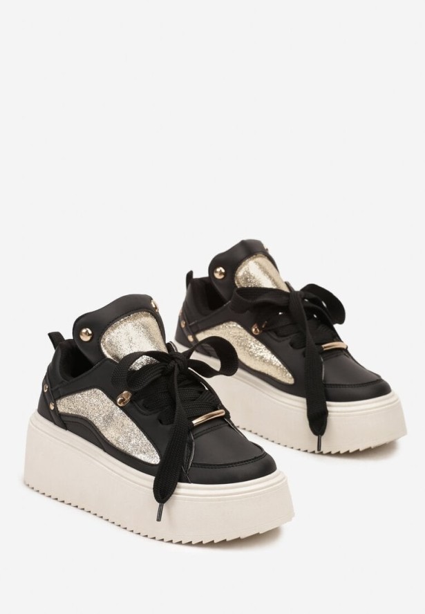 Czarne Sneakersy na Grubej Podeszwie z Metalicznymi Wstawkami i Nitami Azirra