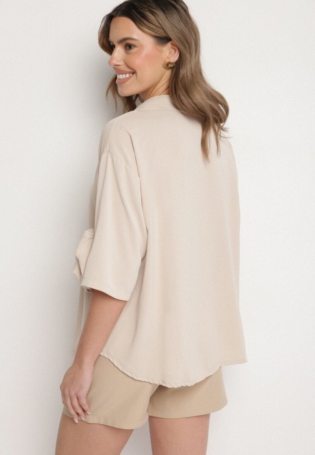 Beżowa Koszula z Aplikacjami Kwiatów 3D Tenemara