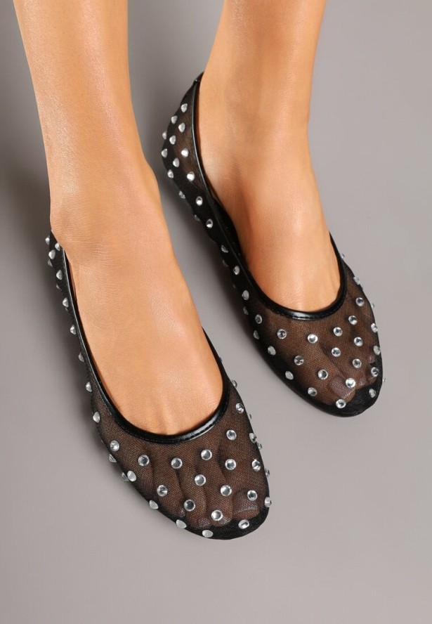 Czarne Balerinki z Siateczki Ozdobione Cyrkoniami Danisse