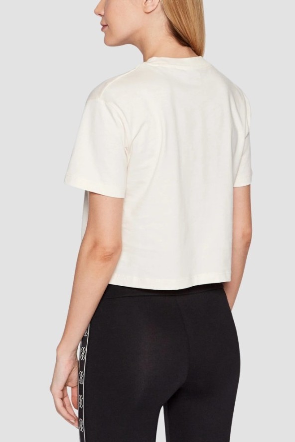 GUESS Kremowy bawełniany t-shirt damski Adele Crop, Rozmiar XL