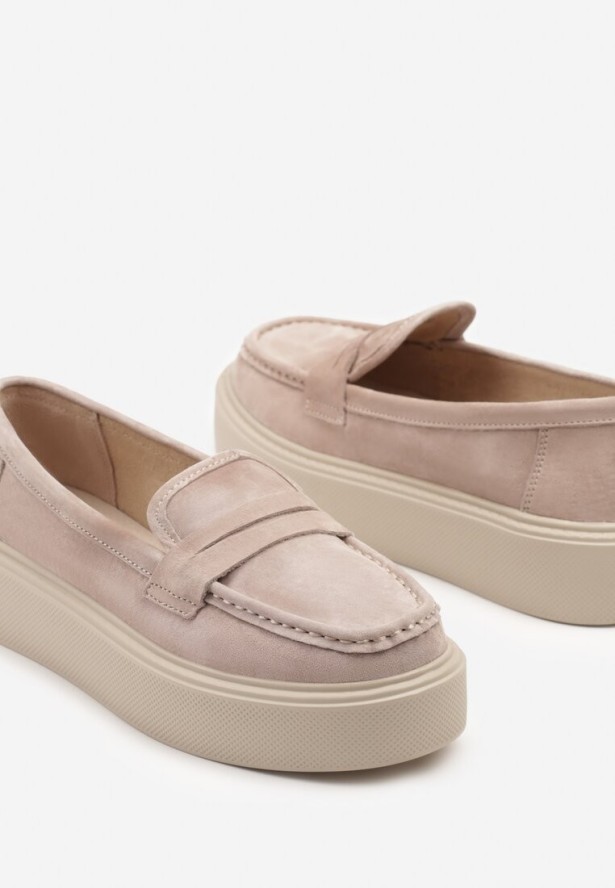 Beżowe Mokasyny na Grubej Podeszwie z Wkładką ze Skóry Naturalnej Polvia