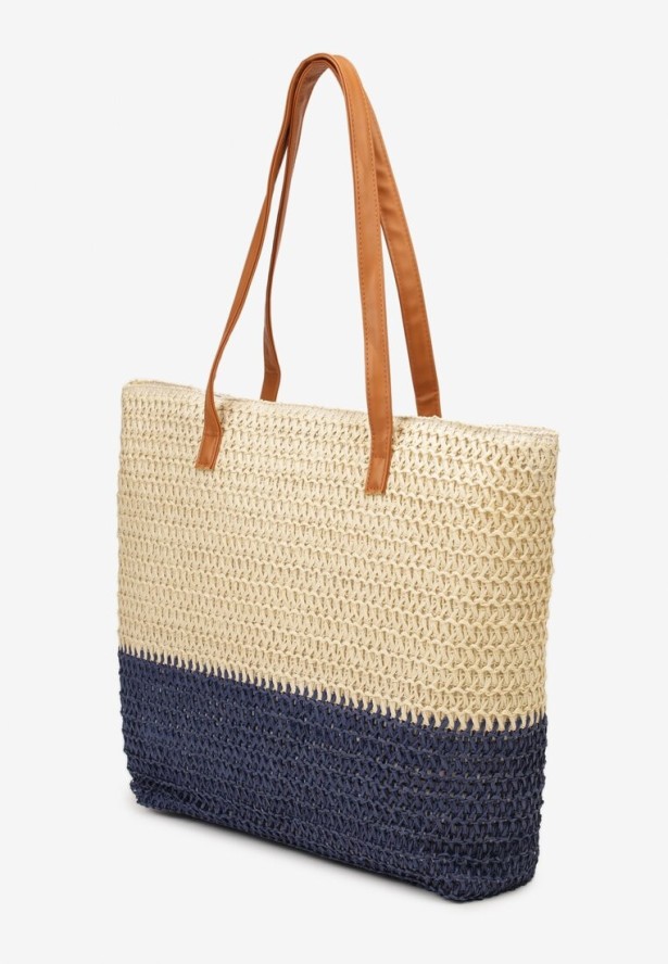 Beżowo-Granatowa Torebka Boho z Papierowej Plecionki o Fasonie Tote na Suwak Jabba