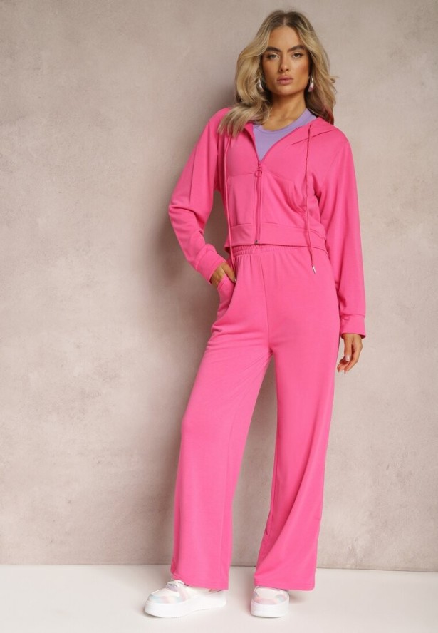 Fuksjowy Komplet Dresowy o Luźnym Kroju Bluza na Suwak z Kapturem i Spodnie Szerokie Ezorila