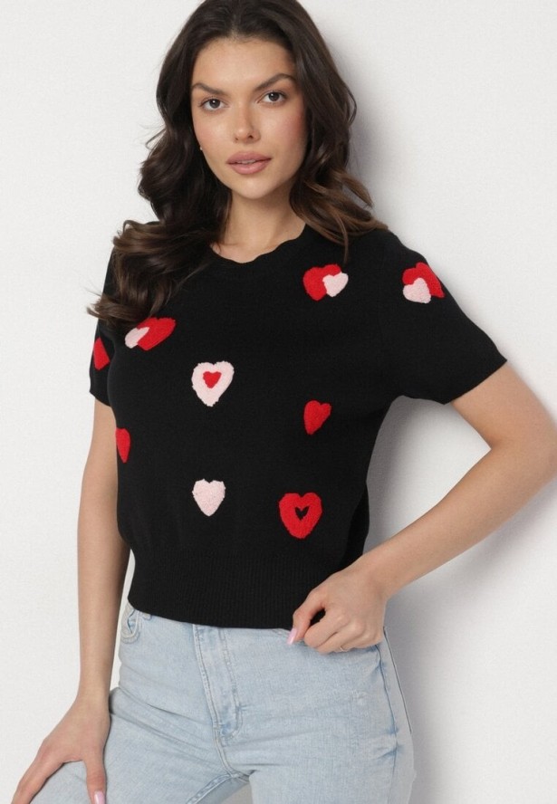Czarna Bluzka Dzianinowa z Wiskozy w Serduszka Janirea