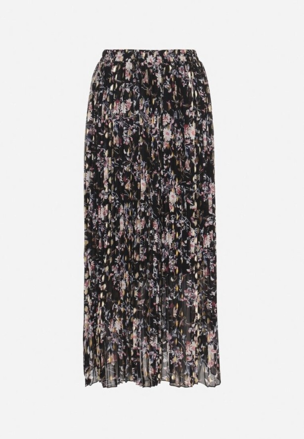 Czarna Rozkloszowana Spódnica Plisowana z Metalicznym Nadrukiem w Kwiatowy Wzór Folireia