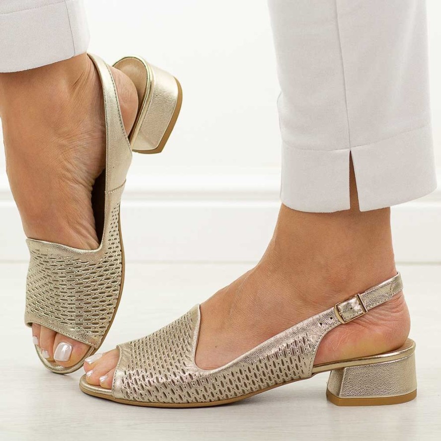 Złote S ażurowe skórzane Polskie sandały damskie na obcasie Deoni D521C