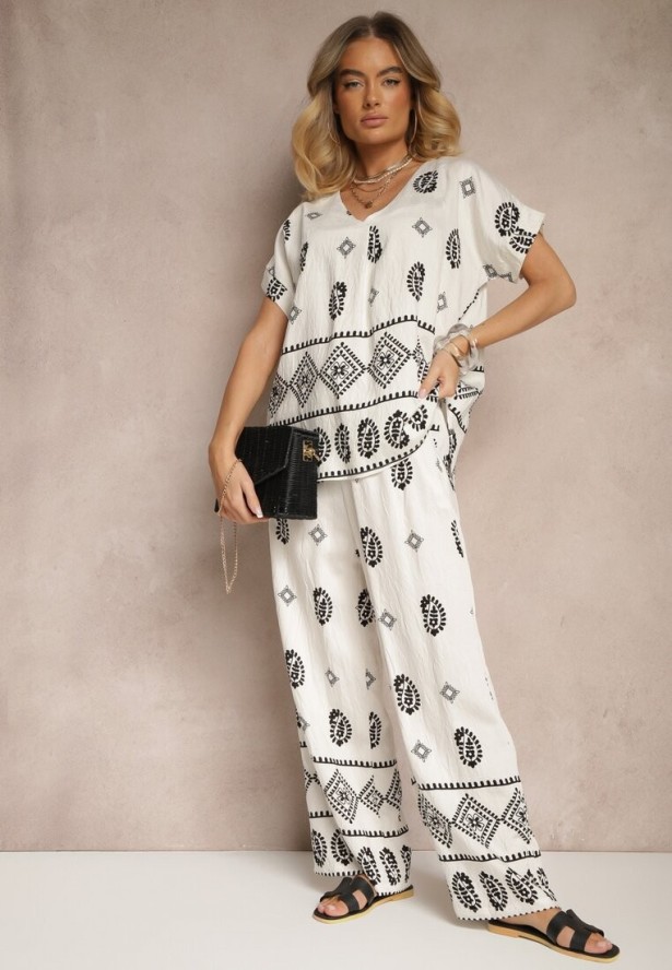 Czarno-Biały Komplet z Bawełny Spodnie o Szerokim Kroju i Koszula ze Wzorem Paisley Pavenn