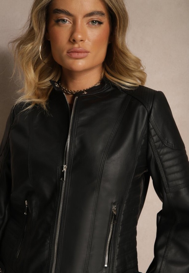 Czarna Motocyklowa Kurtka Ramoneska ze Stójką i Napami Taliritta