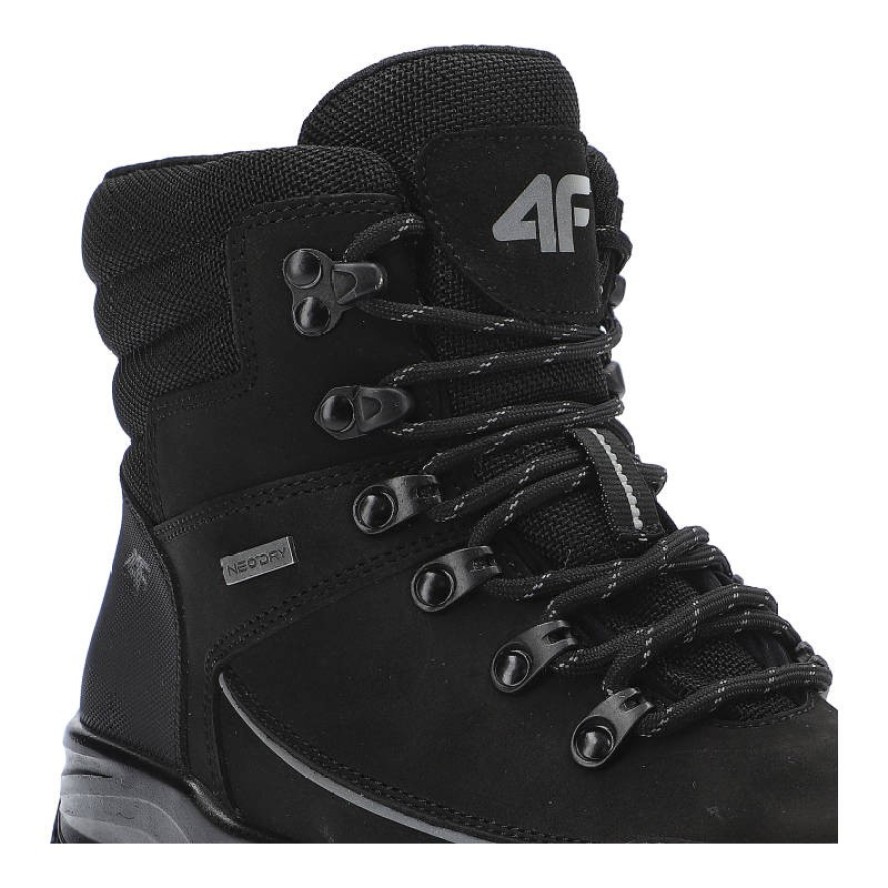 Trekkingi unisex 4F, skóra naturalna nubuk z tekstylnymi wstawkami sznurowanie z metalowymi haczykami oraz gruba amortyzowana podeszwa, czarne, H4Z21