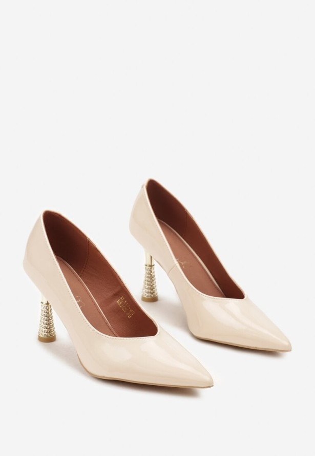 Jasnobeżowe Szpilki Vices ze Skórzaną Wkładką na Obcasie z Cyrkoniami Afirrive