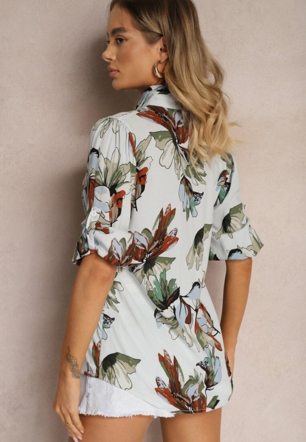 Jasnoniebieska Koszula z Wiskozy Zapinana na Guziki z Rękawami 3/4 Bredria