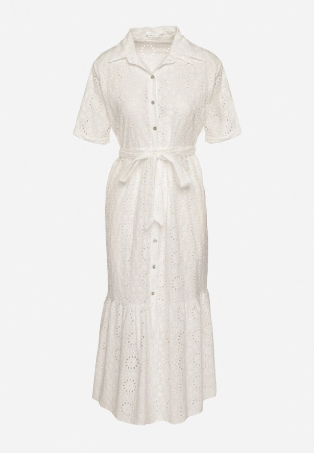 Biała Bawełniana Sukienka Koszulowa z Wiązanym Paskiem Zdobiona Haftem Efriselle