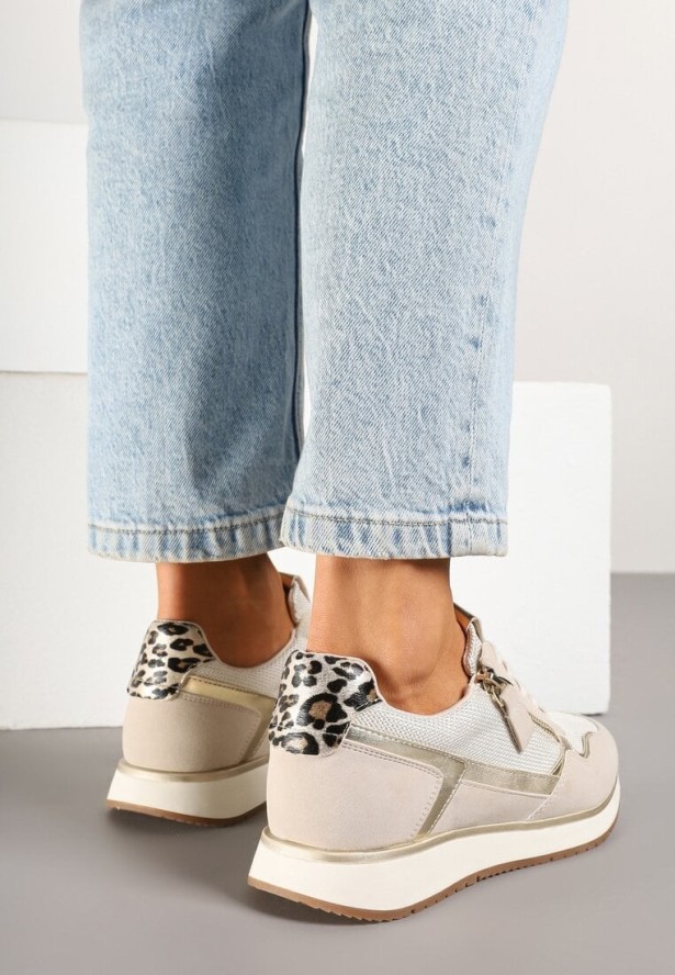 Beżowe Sneakersy Ozdobione Suwakiem i Metalicznymi Wstawkami Alua