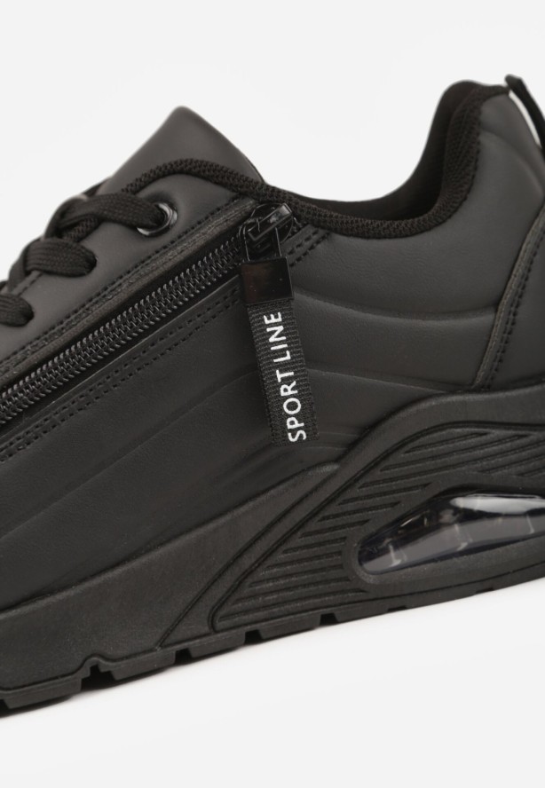 Czarne Sneakersy na Grubej Podeszwie z Tłoczonymi Paskami Justinalin