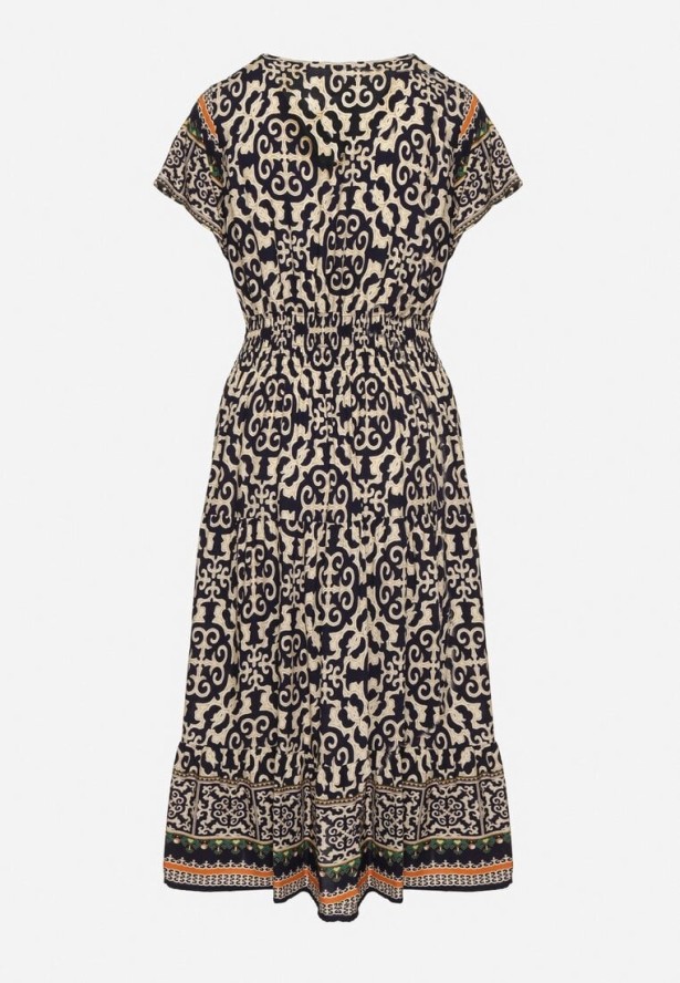 Granatowa Bawełniana Sukienka z Guzikami i Ornamentnym Wzorem Zisselle