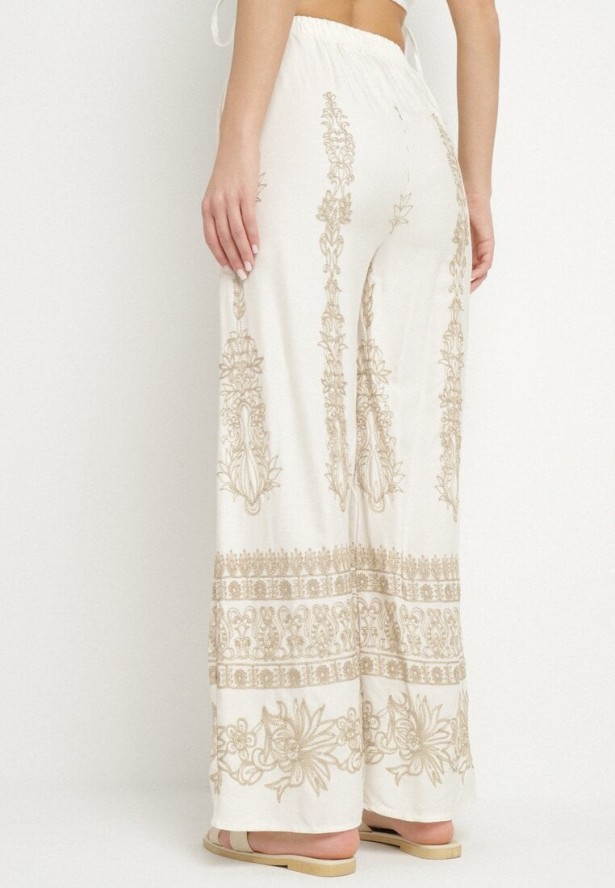 Beżowe Spodnie Szerokie z Bawełną Lnem Wysokim Stanem i Haftami Liriane