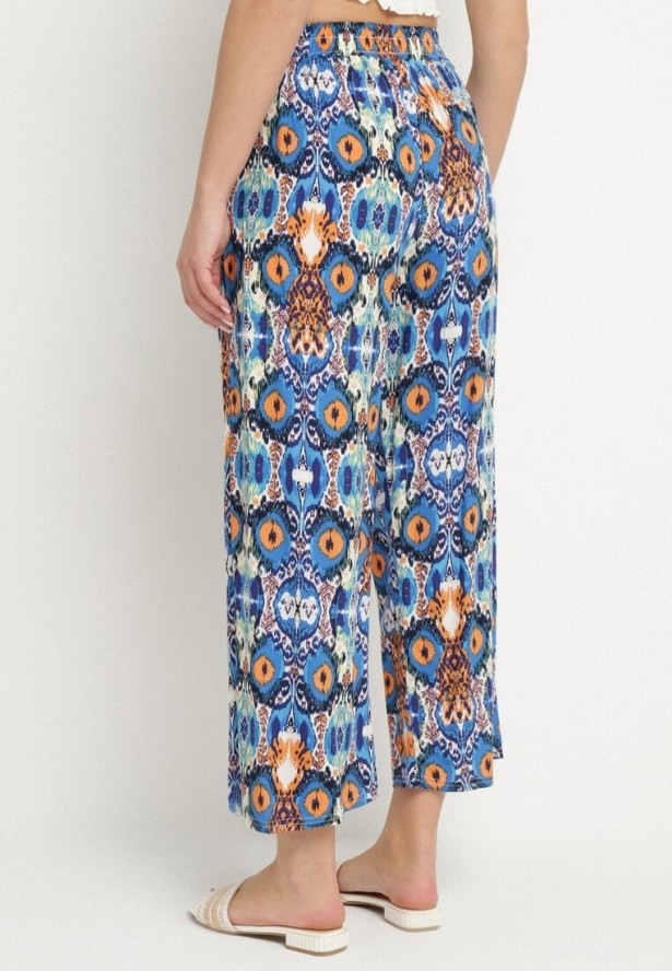 Niebieskie Spodnie Szerokie z Bawełny w Etno Print Tolivenna