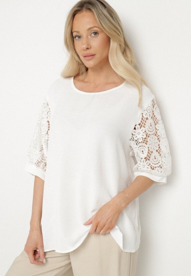 Biała Bluzka z Koronkowymi Rękawami Jenavessa