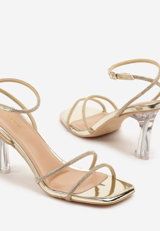 Złote Sandały Vices na Transparentnej Szpilce z Cyrkoniami Natirena