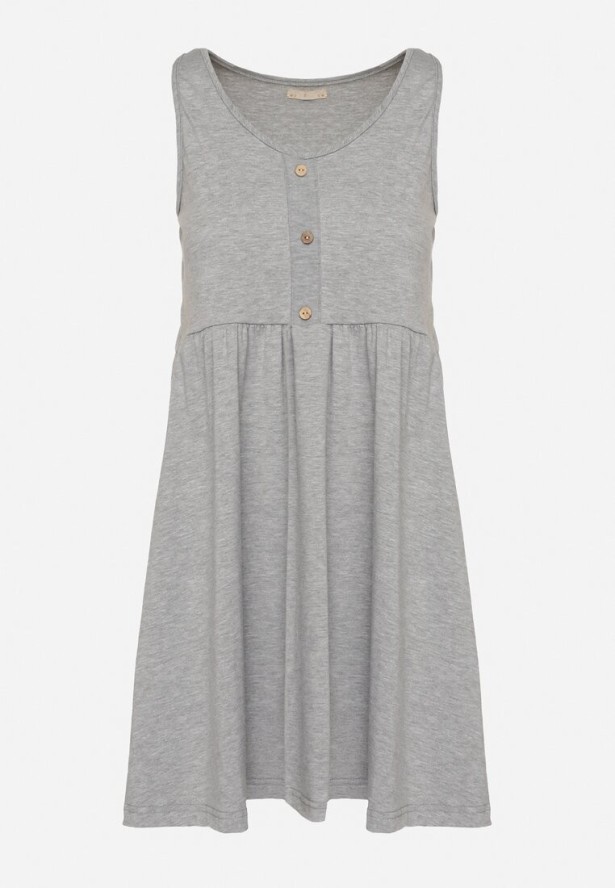 Jasnoszara Sukienka o Rozkloszowanym Kroju na Szerokich Ramiączkach z Guzikami Jenovira