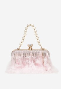 Różowa Torebka Kopertówka Vices z Perłową Rączką Piórami i Łańcuszkiem Feselissa