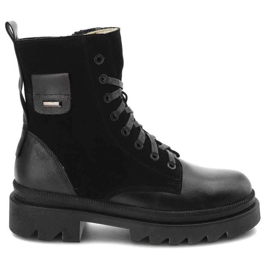 Czarne Botki Pollonus Skórzane Ocieplane Buty Damskie