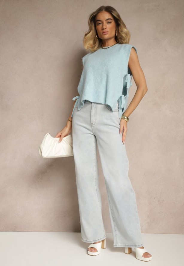 Jasnoniebieska Kamizelka z Dzianiny z Wełną i Wiskozą Zdobiona Wiązaniami Annivoriae