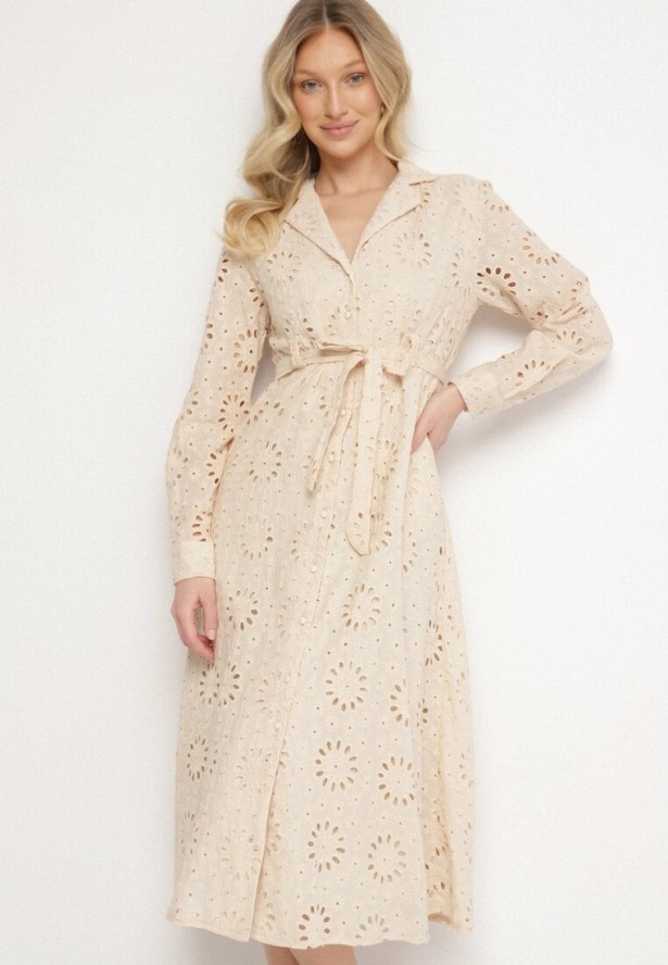 Beżowa Koszulowa Sukienka z Ażurowym Wzorem i Paskiem Tanithiea