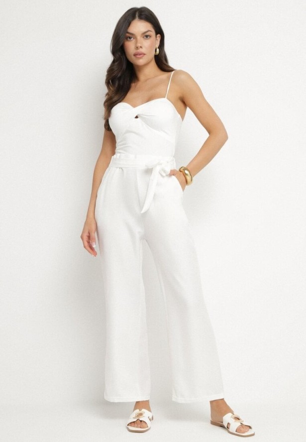 Jasnobeżowe Spodnie o Szerokim Kroju z Wiązaniem i Gumką w Pasie Miravenia