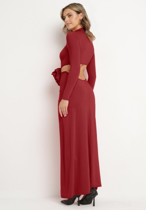 Bordowa Wieczorowa Sukienka z Wiskozą Wycięciem Kwiatem 3D i Odkrytymi Plecami Annilith