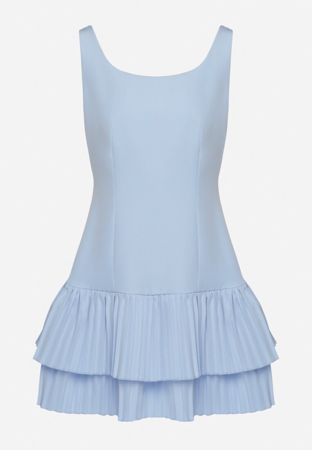 Jasnoniebieska Sukienka Rozkloszowana z Taliowaniem i Plisowanym Dołem Soreqa