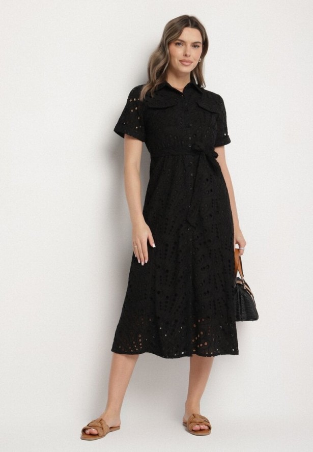 Czarna Koszulowa Sukienka Haftowana z Paskiem Rinessa