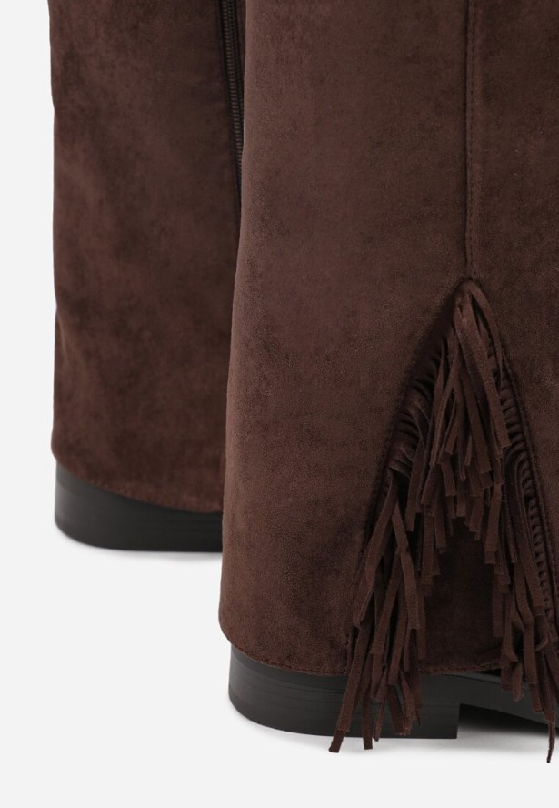 Brązowe Kozaki Ozdobione Frędzlami i Wywiniętą Cholewką Reilevia