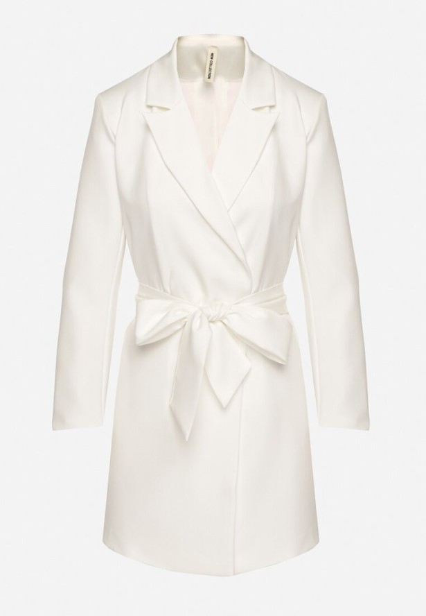 Biała Marynarka Sukienkowa z Paskiem i Usztywnionymi Ramionami Etinella