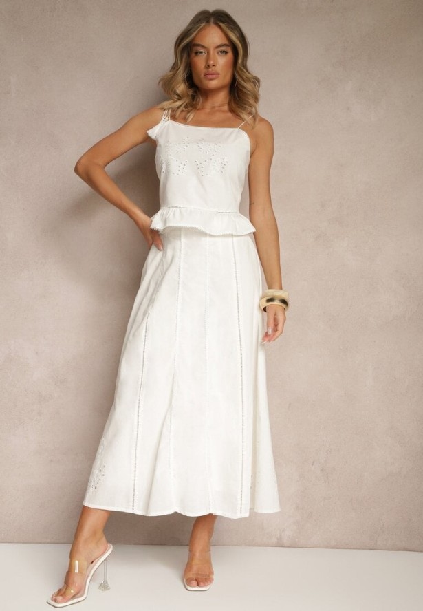 Biała Rozkloszowana Spódnica z Bawełny z Haftowanymi Detalami Tolanisse