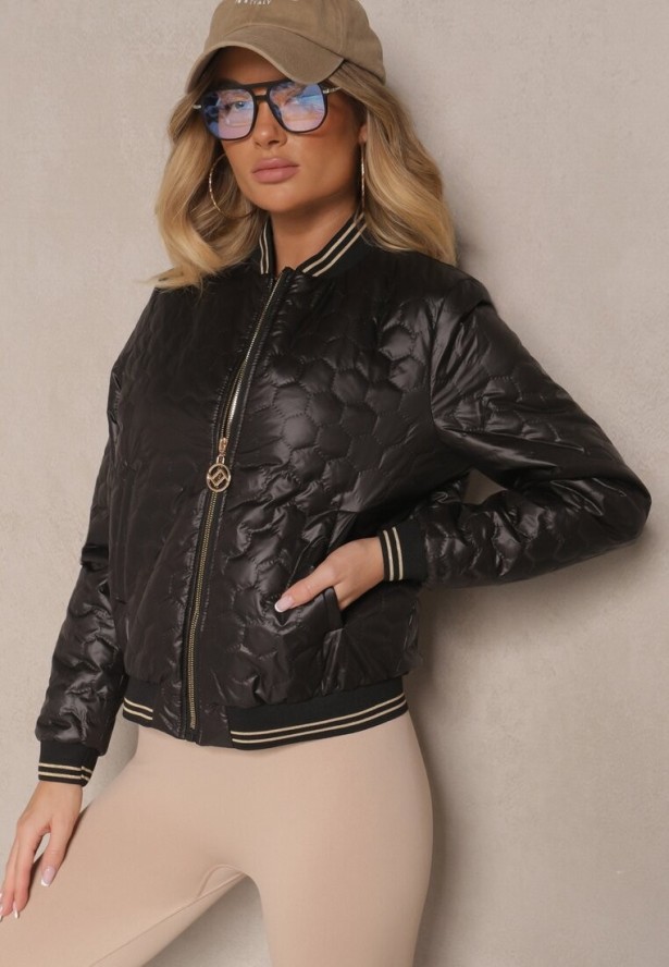 Czarna Pikowana Kurtka Bomberka z Metaliczną Nicią Desalina