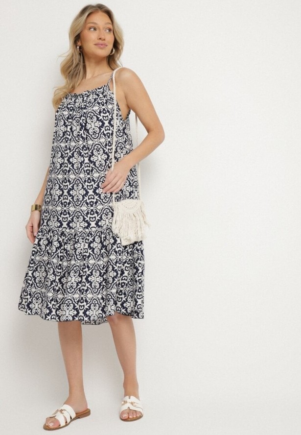Granatowa Rozkloszowana Sukienka na Ramiączkach z Bawełny w Ornamentalny Wzór Valpio