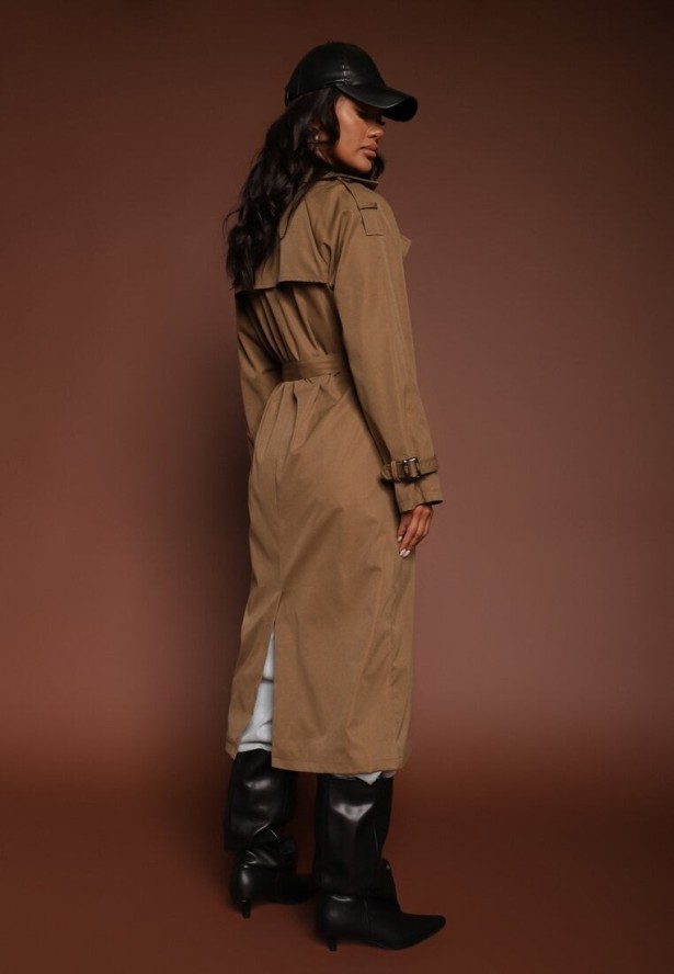 Brązowo-Zielony Płaszcz o Wydłużonym Fasonie Trencza z Guzikami i Paskiem Dennime