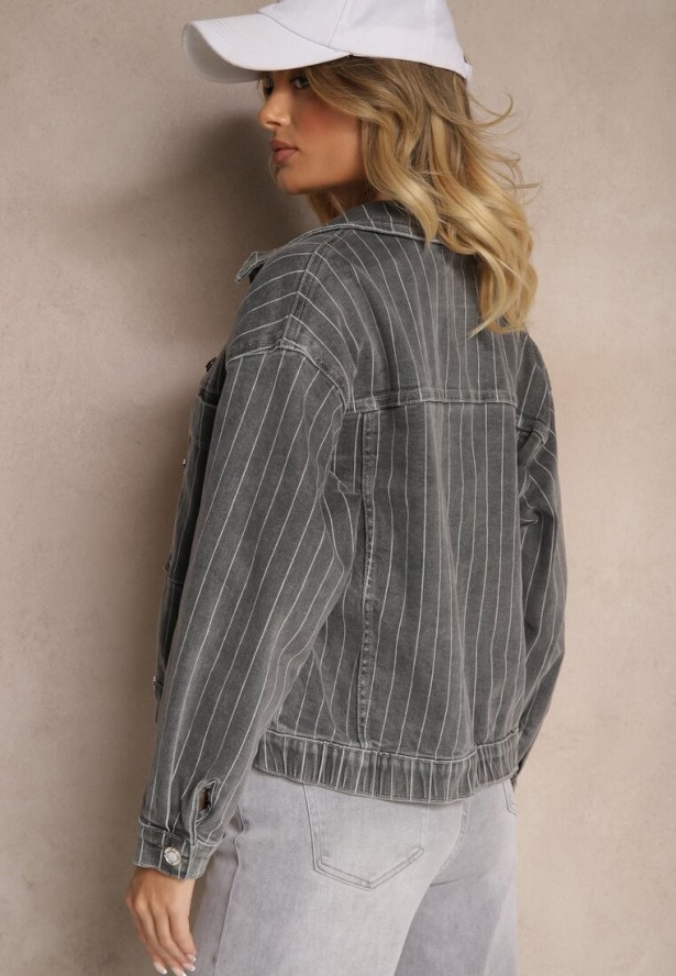 Szara Kurtka Jeansowa w Delikatne Prążki z Kieszeniami Ravirose