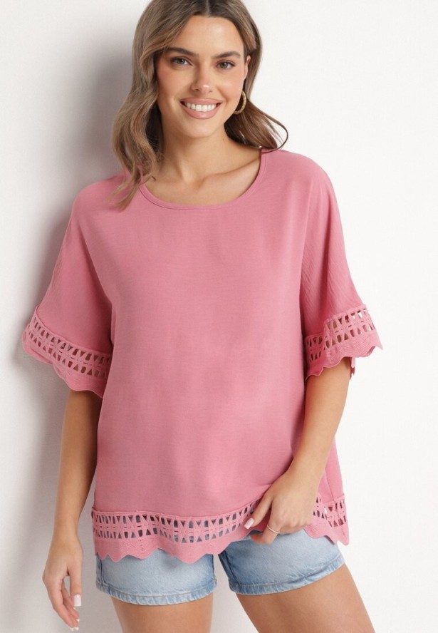 Różowa Bluzka z Ażurowymi Wstawkami Vozenia