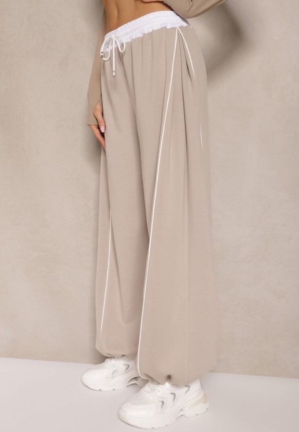 Beżowe Dresowe Spodnie z Wiskozą High Waist Ozdobione Lampasami Maiviona