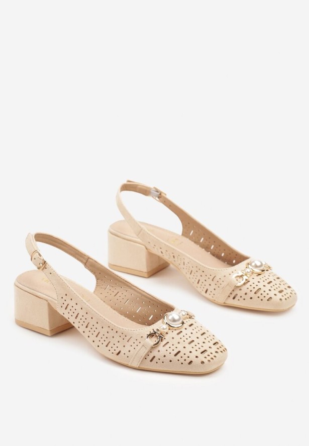 Beżowe Sandały Vices z Wkładką ze Skóry i Ażurowymi Wycięciami na Słupku Koredia