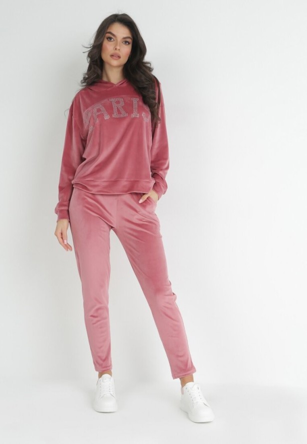 Ciemnoróżowy 2-częściowy Komplet Dresowy z Weluru Zdobiony Cyrkoniami Feyre